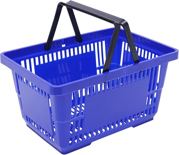 12PCS Shopping Baskets with Handles, 21L Plastic Grocery Basket for Retail Store, Supermarket, Grocery Shopping |17" x 12" x 9" Portable Shop Basket (Blue)