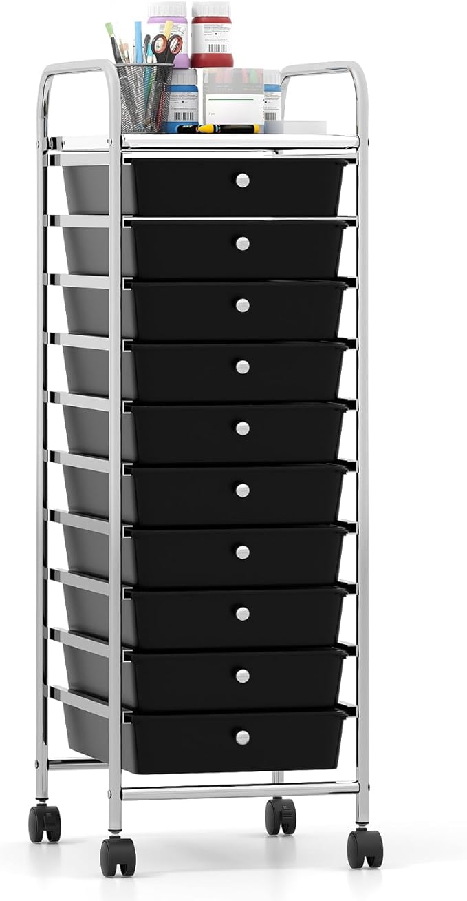 Giantex Rolling Storage Cart with 10 Drawers, Utility Cart with Tabletop, Drawer Organizer with Wheels for Craft Art Paper Tool, Mobile Organization & Sorting for Office Home School School Supplies