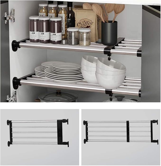 BAOYOUNI Adjustable Shelving Expandable Closet Shelves Tension Rod Clothes Hanger Storage Rack DIY Cabinet Wardrobe Kitchen Bathroom Divider Separator Organizer, Black, 2 Pack