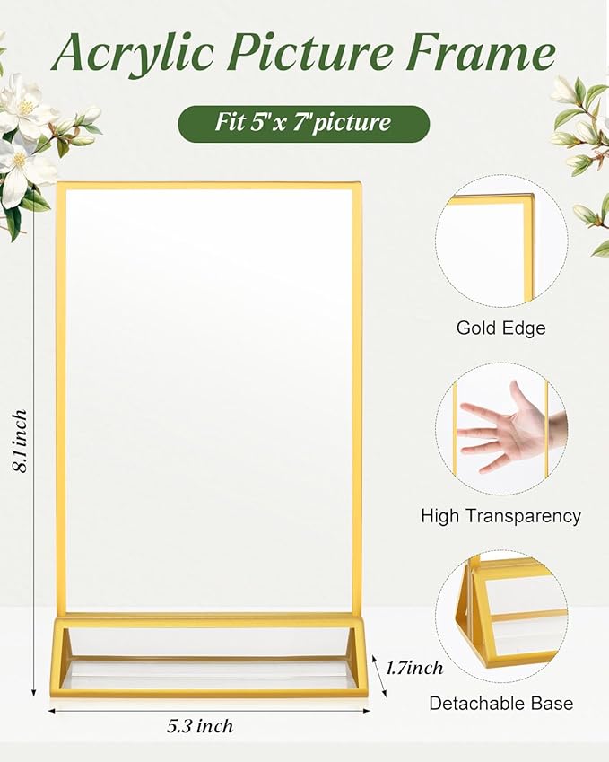 8 Pack 5x7 Gold Acrylic Sign Holders, Double Sided Picture Frame Stands Vertical, Clear Wedding Table Numbers Frames for Photo Display, Restaurant Menu, Flyers