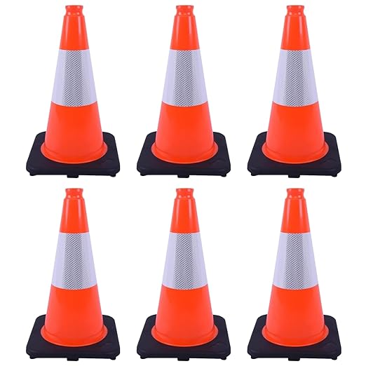 6 Pack 18 Inch Orange Reflective Traffic Cones, Black Base PVC Safety Cones for Construction Sites, Parking Control and Hazard Marking (6, Orange, 18 Inch)