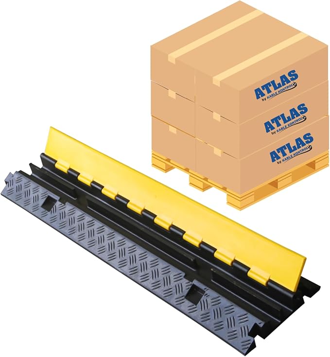 Kable Kontrol Atlas Heavy Duty Cable Protector Ramp - 2 Channel Bulk Wholesale Pallet - 40 Pcs - 40” Long Black & Yellow - 24,000 Lbs Capacity - Rubber Speed Bump Wire Protector Cord Cover - CP9987