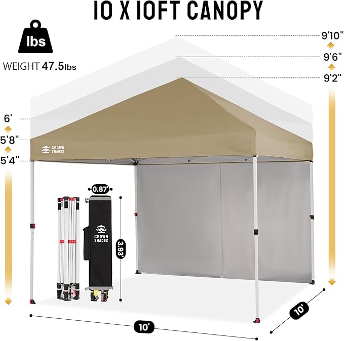CROWN SHADES 10X10 Comercial Instant Canopy Pop Up Tent with Center Lock, 300D Fabric, 4 Sidewalls, Sto'N Go Bag, Beige