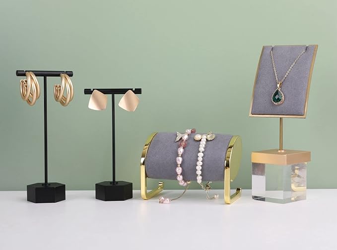 GemeShou Black Metal 2pcs Earring Display T Stand for Show, T Bar Jewelry Holder Tree for Retail Photography 【Black-Hexagon Base 2pcs Height 4.5" and 5.3"】