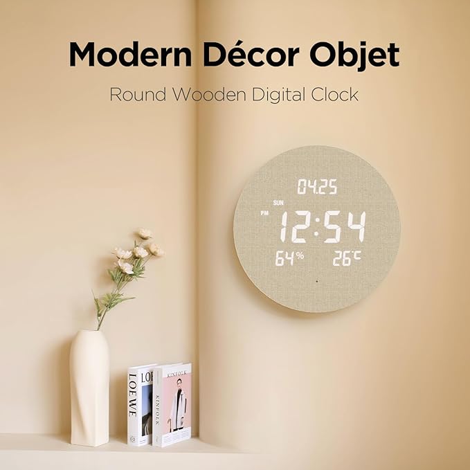 mooas Wood Moon Cordless Digital LED Wall Clock, Time Week Temperature & Humidity, Sound Sensor-Auto Brightness, Modern Décorative LED Clock for Bedroom Livingroom, Wireless Wall Mount/Wooden Stand