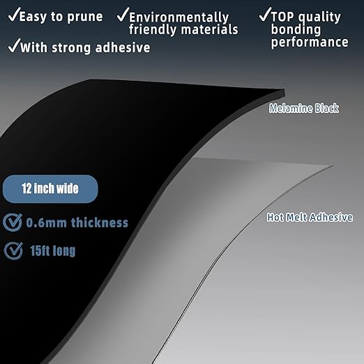 Black Wood Veneer, 12 inch x 15ft Wood Edge Banding Pre-glued Flexible, Veneer Tape Banding for Cabinet Repair Furniture Restoration