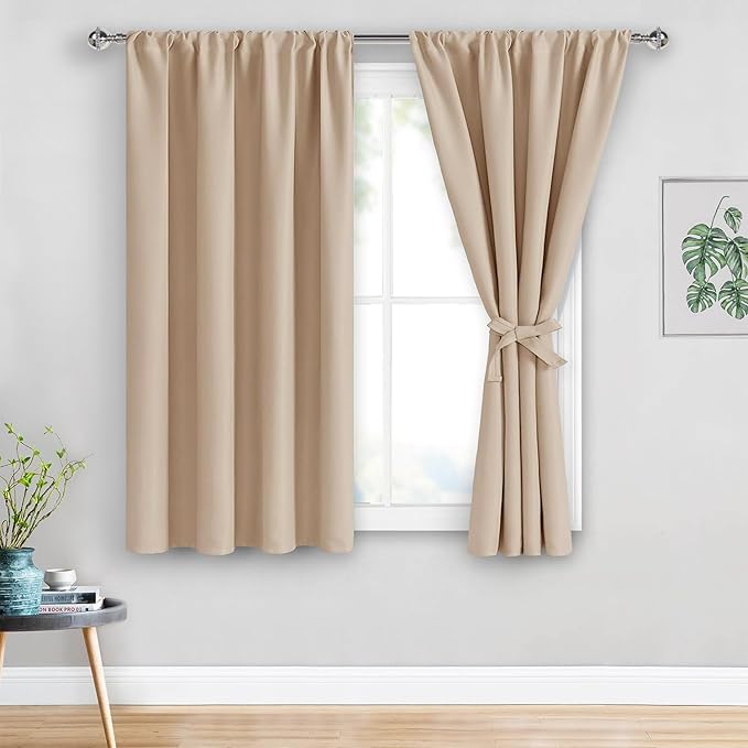 JIUZHEN Blackout Curtains for Bedroom - Thermal Insulated Room Darkening Rod Pocket Short Curtains for Living Room, Set of 2 Panels with Tiebacks, 42 x 45 Inch Length, Beige