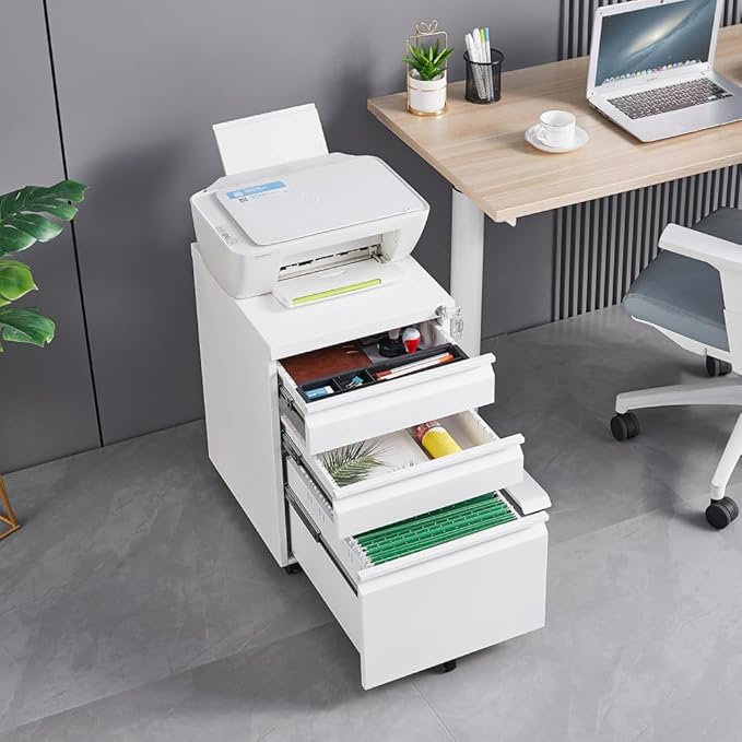 Lispin 3-Drawer Mobile Filing Cabinet with Lock, Office Storage Filing Cabinet of Legal/Letter Size, to be Installation Required (White + Metal + Modern)