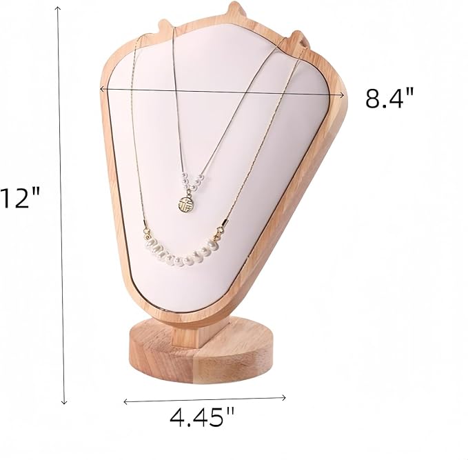 Natural Body Wood Necklace Display Stand with White Leather Soft Mat Necklace Holder Organizer Desktop Stand for Home Store Dresser-4.45"x8.4"x12"