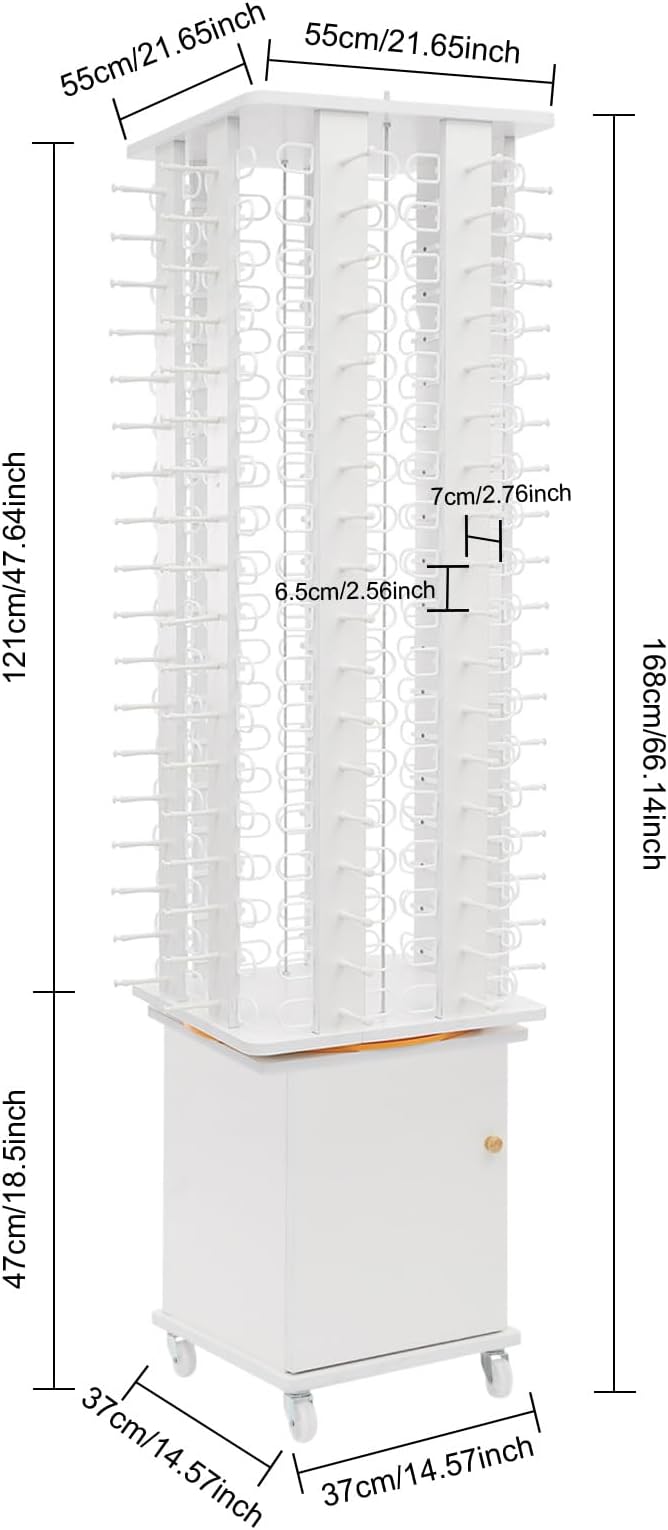 Sunglasses Display Stand, 144 Pairs Wooden 360° Rotating Sunglass Eyeglass Holder Organizer, Glasses Hanger Storage Rack for Retail Commercial Display, W14.6*H66.1in (White)