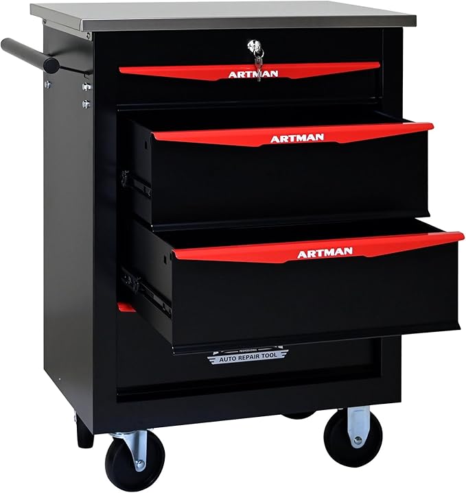 4-Drawer Heavy-Duty Rolling Steel Tool Cart with Handle&Wheels, Metal Storage Organizer Cabinet, Tool Chest for Efficient Tool Storage in Garage, Warehouse, Workshop, Repair Shop, Black&RED