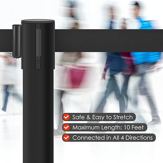 6 Pack Premium Crowd Control Stanchion Set, 40" H Delineator Post with 10' Feet Retractable Belt, Heavy-Duty Base, Safety Rope Barriers for Traffic Queue (Heavy Rubber Base, Black)
