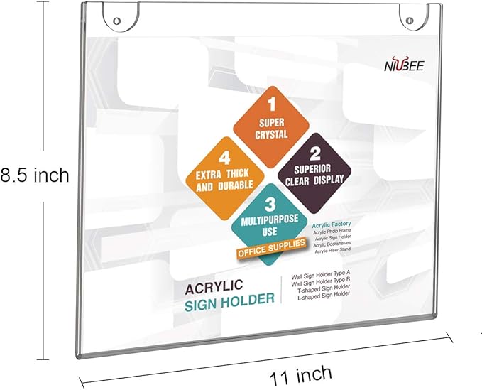 NIUBEE 12-Packs Acrylic Wall Sign Holder 8.5x11 Horizontal, Clear Plastic Picture Frames , Wall Mounted Design.