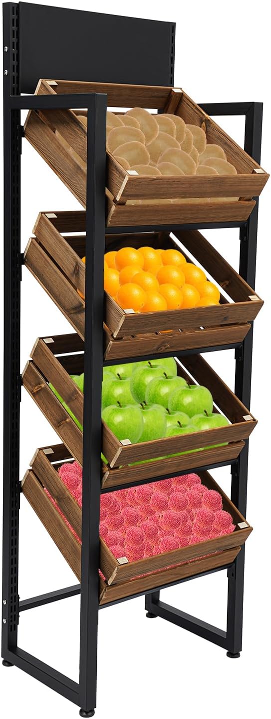 4 Tiers Retail Display Rack, Single Row Wood Market Shelf Commercial Fruit and Vegetable Basket Stand Rack Set Snack Pantry Shelf Unit for Kitchen, Office, Store, Supermarket