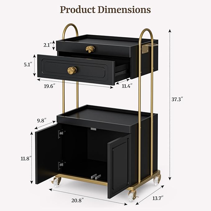 Salon Trolley Cart with Lockable Wheels, Salon Station Cabinet with Drawer & Cabinet for Hair Stylist Makeup Tool Organizer for Beauty Spa Barbershop (Black&Gold)