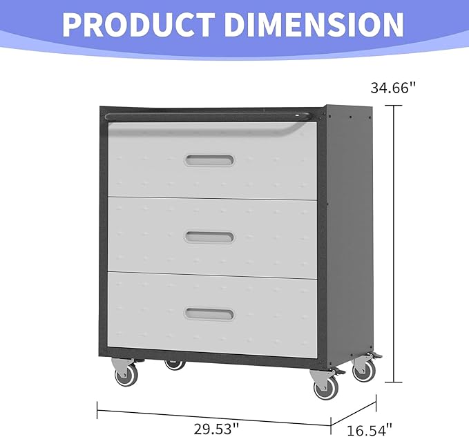 Metal Garage Storage Cabinet with Wheels, Lockable Rolling Tool Cabinet with 3 Drawers, Heavy Duty Mobile Steel Cabinet for Garage Warehouse Workshop