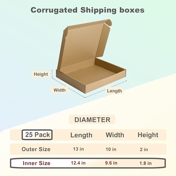 MEBRUDY 13x10x2 Inches Shipping Boxes Pack of 25, Small Corrugated Cardboard Box for Mailing Packing Literature Mailer