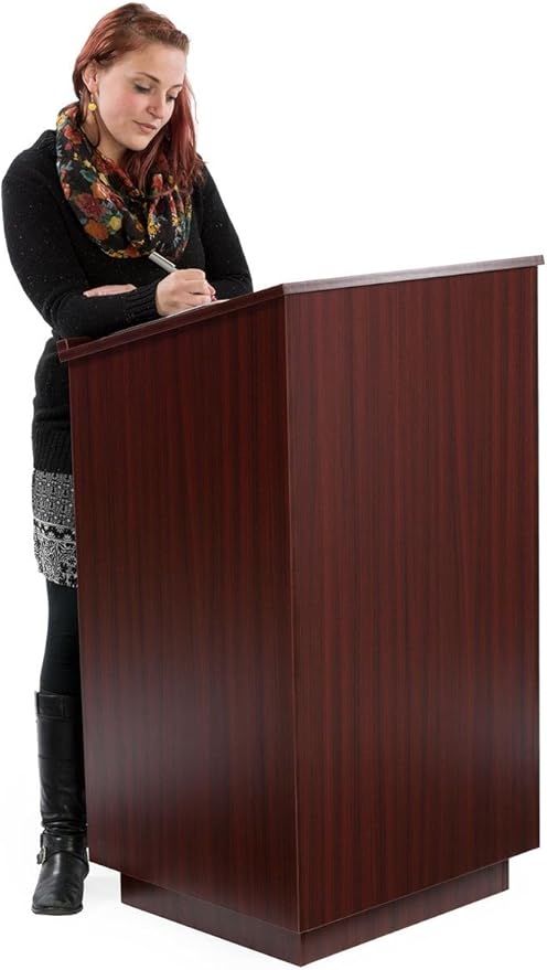 45.5" Tall Podium with Locking Cabinet, Shelf, 25" Angled Surface with Lip (Mahogany)