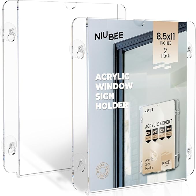 NIUBEE Acrylic Window Sign Holder with Suction Cups 8.5 X 11, Clear Acrylic Frames Glass Door Mount, Displaying Flyers, Notices and Menus, for Office, Store, Home, Restaurant (2 Pack)