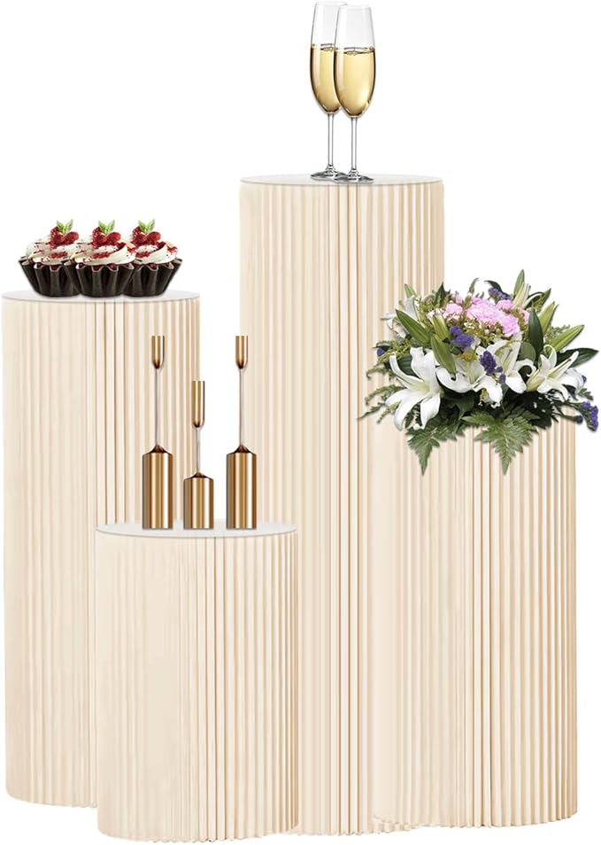 4Pack Cylinder Stands for Party, Foldable Cardboard Columns with 4 Clear Round Top Plates, Cake Display Pedestal Stand for Wedding Banquet Vendor Events Decorative