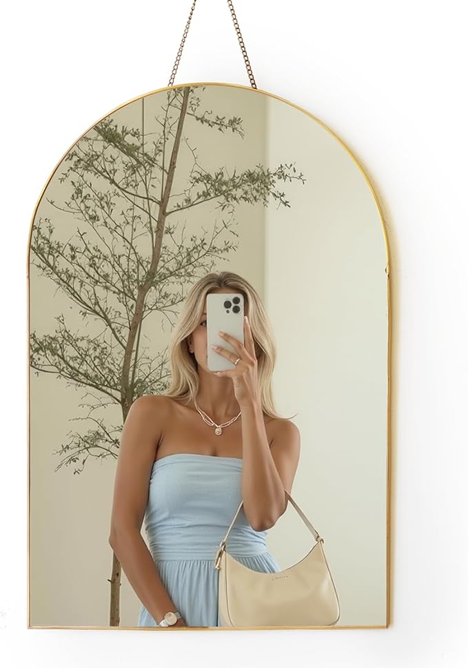 FONDAZZA Gold Arched Wall Mirror 13”x19”-Vintage Hanging Mirror with Chain, Decorative Brass Mirror for Entryway, Bathroom, Bedroom&Living Room, Small Antique Gold Wall Mirror
