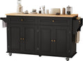 67’’ Movable Kitchen Island with Drop Leaf and Power Outlet, Lockable Sliding Countertop Rolling Island Cart with 2 Large Drawers, Spice, Towel Rack,Black