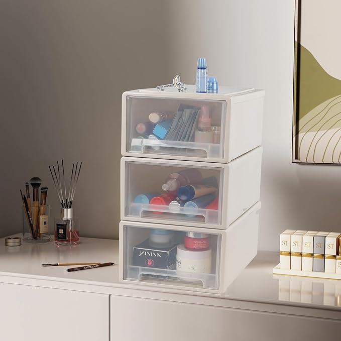 4 Pack Plastic Stackable Chest Storage Drawer Bins, 12 Quart Stacking Drawer Unit