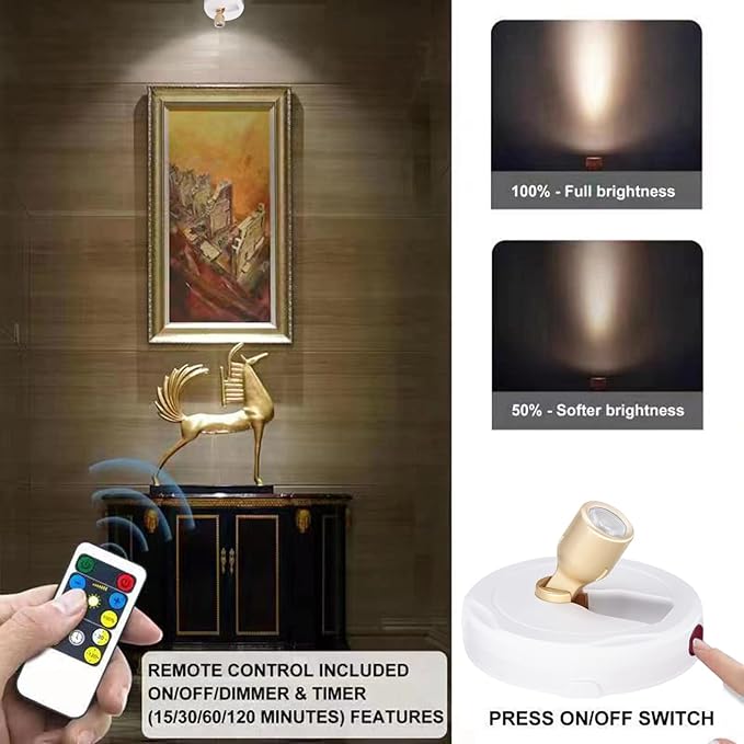 LED Spotlight, Battery Powered Picture Lights, Uplighting Indoor, Puck Lights with Remote, Stick Spot Light for Wall Display Picture Dartboard Painting Artwork Accent Closet-4Pack