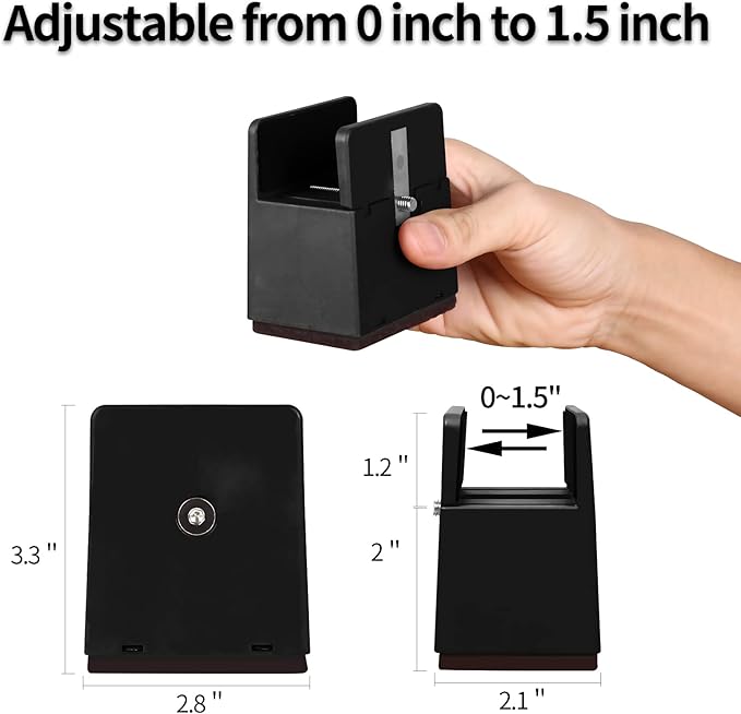 Bed Risers with Adjustable Screw Clamp, Fits Furniture Frame from 0 to 1.5 Inch, Furniture Risers 2 Inch Heavy Duty Risers for Square Round Straight Furniture Legs Support up to 5000Ibs (4Pack, Black)