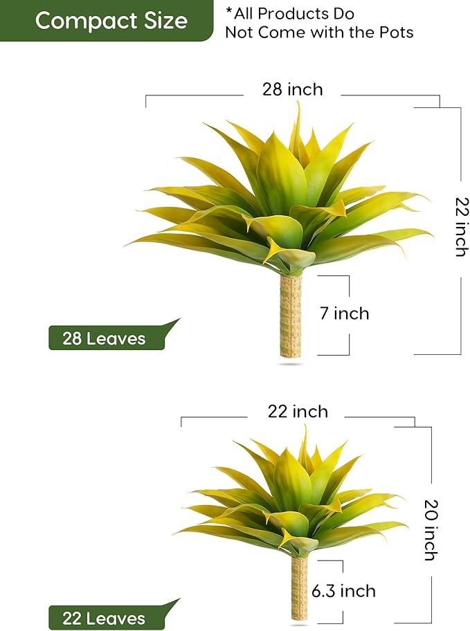 Velener Artificial Agave Plant Set, 28 Inch, Faux Aesthetic Plants for Home Decor, Realistic UV Resistant Fake Yellow Agave Plants Without Pot, Set of 2