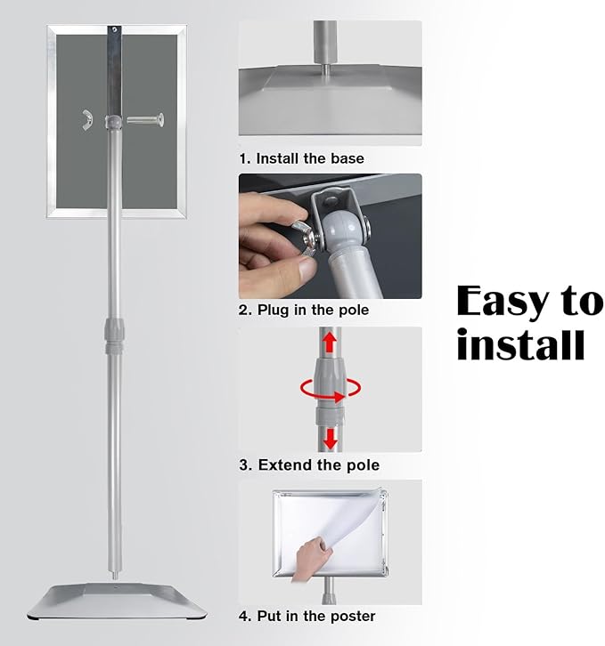 Adjustable Sign Stand for Display, with Upgraded Iron Base, Pedestal Floor Signage Stand Holder for Outdoor or Indoor Advertising (8.5 x 11, Silver)