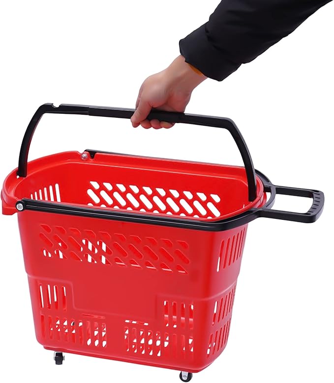 6PCS Shopping Carts with Wheels, 35L Portable Shopping Baskets Set with Handles Grocery Basket for Retail Store, Supermarket, Grocery |19" x 13.7" x 14" (Red)