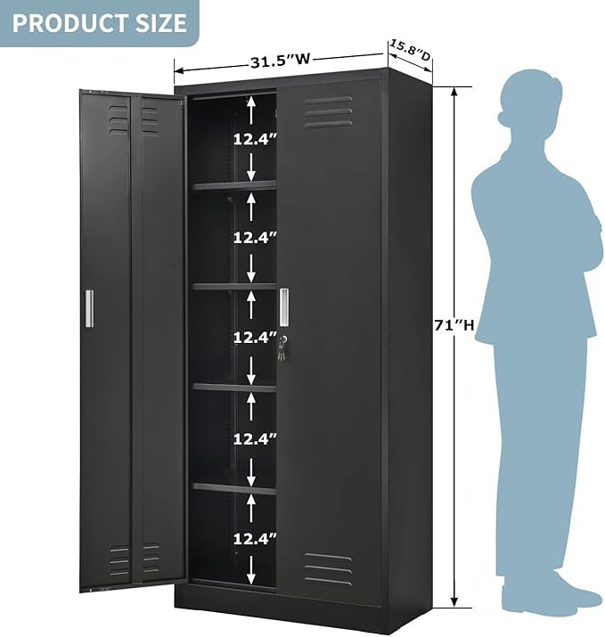 Metal Storage Cabinet with Locking Doors and Shelves, 71" Large Garage Locker with 4 Adjustable Shelves, Steel File Cabinet for Office, Garage, Home & Pantry (Black)