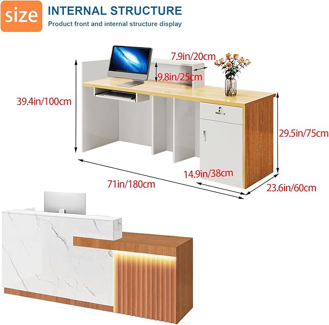 Reception Desk with Counter LED Light and Lockable Drawers and Storage Tall Modern Front Desk Reception Counter for Checkout Lobby Beauty Salon B Left 71inch/180cm