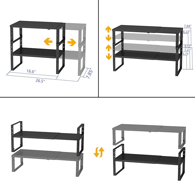 Expandable,Stackable Spice Rack,Seasoning Organizer and Storage,Spices Jar Racks for Cabinet,Countertop, Metal Pantry, Cupboard,Laundry Storages,Heavy Duty(2 PACKS/LARGE/BLACK)