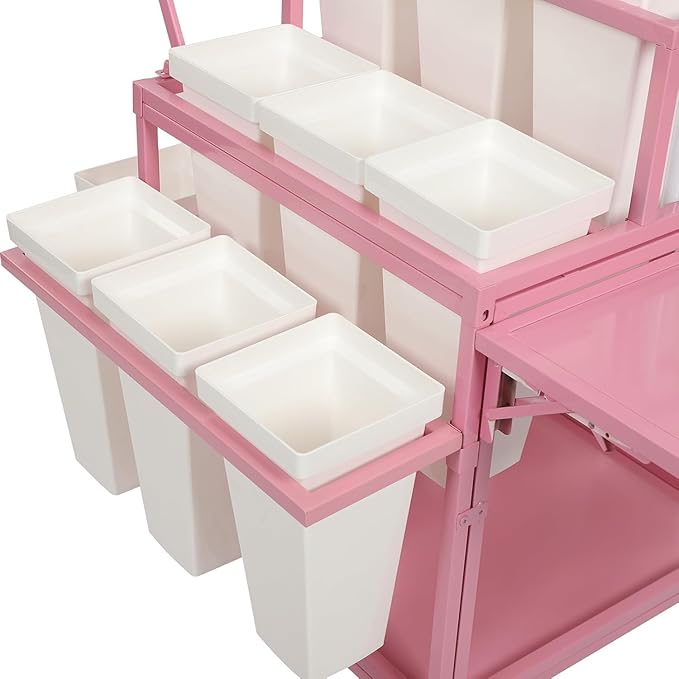 Metal Garden Cart Plant Stand with 18pcs Buckets and parasols, Slide Out Rolling Flower Display Rack, for Florist, Patio Garden, Weddings Party, Business Market (pink)