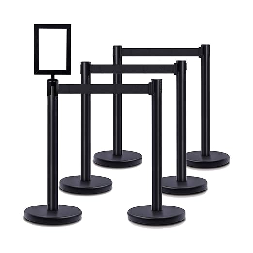 DuraSteel Crowd Control Barriers Stanchions with Retractable Belts & Sign Holder - Metal Stanchion Posts w/ 6.5ft Black Retractable Barrier Belt Ropes - Queue VIP Safety Line Dividers - Set of 6 Poles