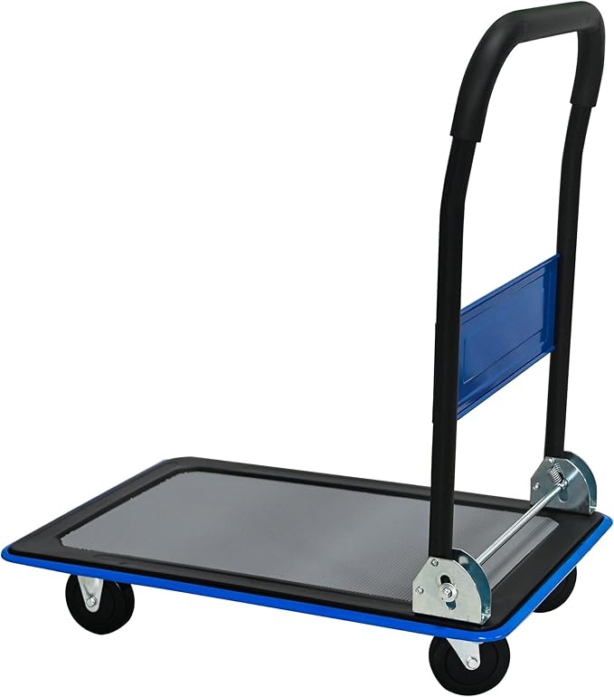 Blue Folding Platform Hand Truck 330 lbs Capacity, Heavy Duty Flatbed Dolly with 360° Swivel Silent Wheels, Foldable Steel Push Cart for Warehouse, Office, and Home Storage