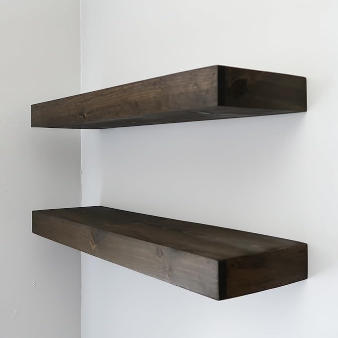 Urbandi Modern Floating Shelves 3 Inches Thick for Wall, Wide Shelves for Kitchen, Living Room, Bedroom, and Bathroom, Natural Pine Wood, Rustic Wooden Shelf, (Set of 2) (Jacobean, 36Lx3Hx8D)