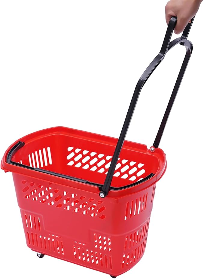 6PCS Shopping Carts with Wheels, 35L Portable Shopping Baskets Set with Handles Grocery Basket for Retail Store, Supermarket, Grocery |19" x 13.7" x 14" (Red)