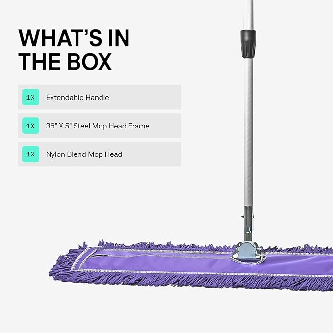 36 Inch Purple Commercial Dust Mop & Floor Sweeper with Extendable Handle – Mop for Hardwood, Tile, and Concrete Floor Cleaning