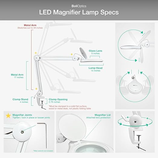 (5 inch Glass Lens) Professional LED Magnifying Lamp with Clamp, Dimmable, 1200 Lumens, 5600K-6000K Daylight Bright 60 SMD LED, Work Light Mounting Bracket Clamp (3 Diopter) BoliOptics MG16303121