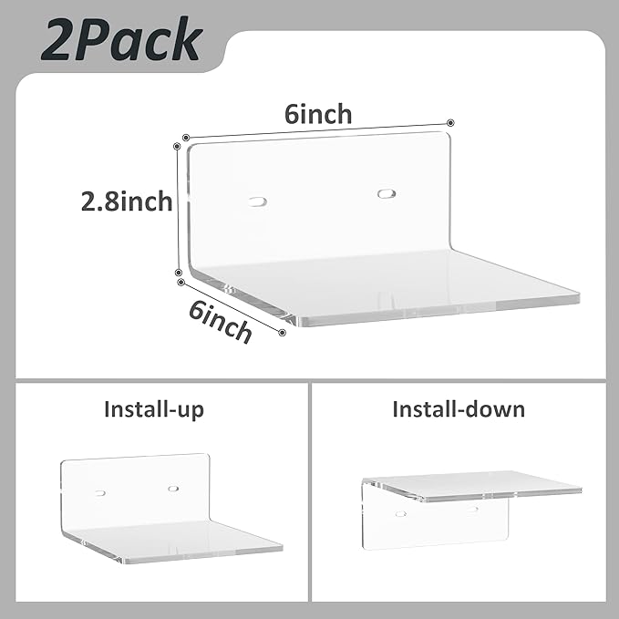 6 Inches Acrylic Small Wall Shelves 2 Pack, Floating Shelf for Wall Mounting, Acrylic Display Ledges for Funko Pop Figures, Home Décor, Living Room, Gaming Room, Plants(6 inch, Clear)