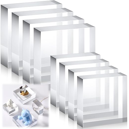 Vicenpal 8 Pcs Acrylic Square Display Block Clear Polished Cube Jewelry Stand Solid Acrylic Pedestal Stand Crystal Ring Showcase Holder Display Base for Riser(3 x 3 x 1 Inch, 2 x 2 x 1 Inch)