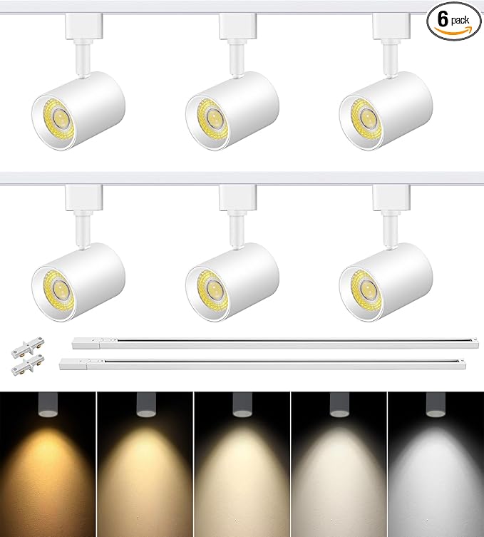 VANoopee 5-Color 6-Light LED Track Lighting Kit with 6.6FT H Type Track Lighting Rail, LED Track Light Heads Dimmable Modern Kitchen Track Lighting Fixtures Ceiling Spotlight, CRI90+ 10W 800lm White