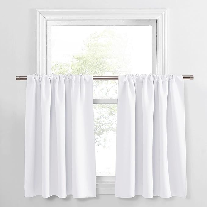 PONY DANCE 30 inch Long Curtains - Small Curtains for Bathroom Windows, Room Darkening Drapes 2 Panel Set Thermal Insulated Window Draperies for Kitchen Home Office, Pure White