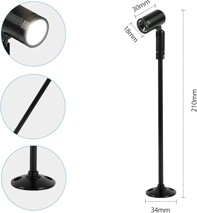2 Pack Mini LED Spotlight, 3W Aluminum Spot Light Jewelry Showcases Display Lighting Adjustable Angle AC 110V Hard Wired Standing Up Cabinet Spotlight Accent Lights (Black Warm Light 3000K)