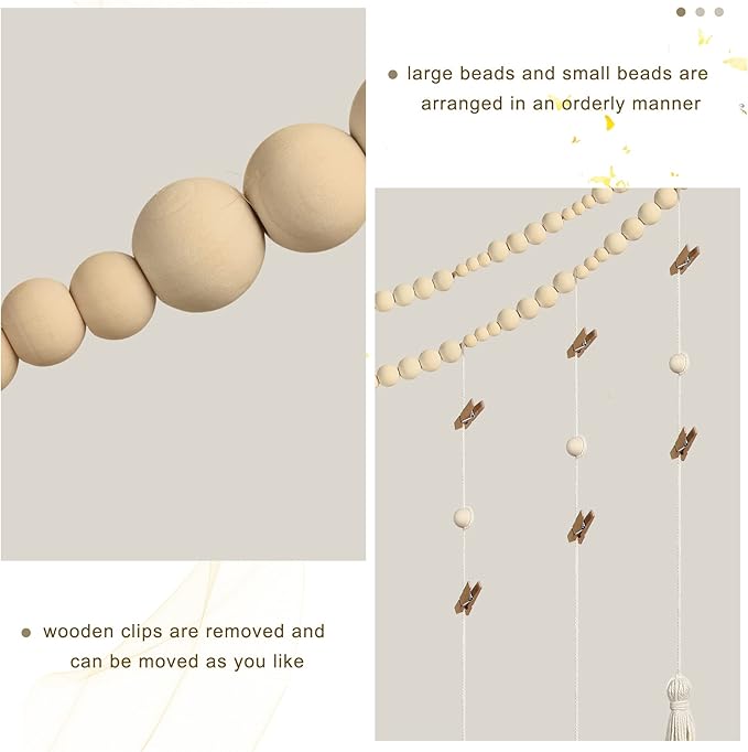 Amyhill Amyhill Hanging Photo Display Boho Macrame Photo Hanging with 24 Wood Wall Clips Macrame Collage Picture Frame with Wooden Beads Double Layer Room Display Decoration Art(Simple Style)