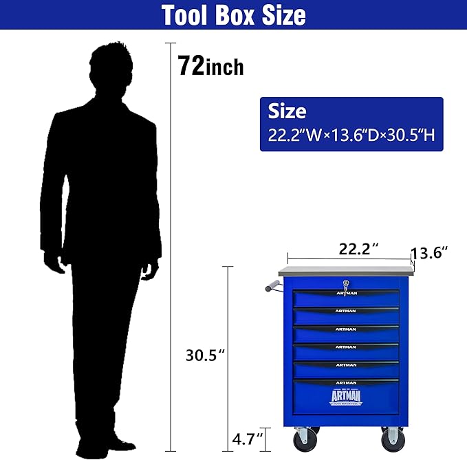6 Drawers Tool Cart on Wheels with Stainless Steel Worktop, Heavy Duty Mobile Rolling Drawer Tool Chest with Locking Wheels & Lockable Drawers, Garage Tool Storage Cabinet (Blue, 6 Drawers)