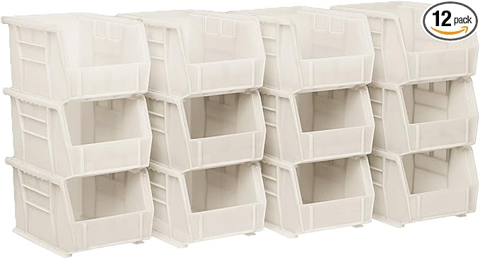 Akro-Mils 30237 AkroBins Plastic Storage Bins, Space-Saving Stackable Bins for Garage, Pantry, Craft Organization, 9-Inch x 6-Inch x 5-Inch, Stone, 12-Pack